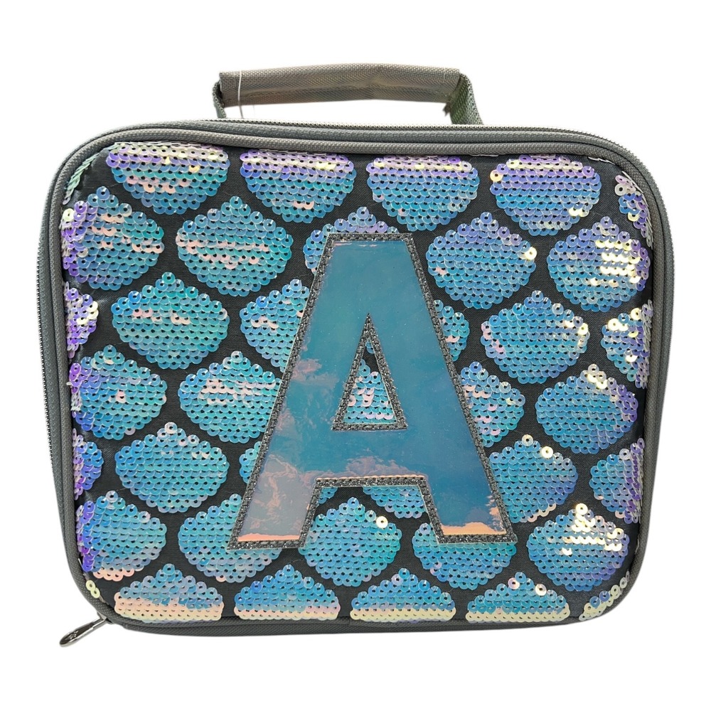 Justice Initial A Sequin Lunch Box Gray‎ Blue Iridescent New
